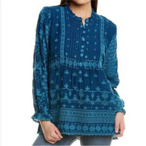Johnny Was Teal Embroidered Blouse